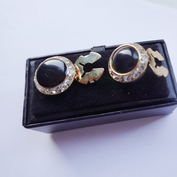 Vtg Black Enamel Clear  Crystal  Rhinestone Round Men's Cufflinks - Picture 1 of 2